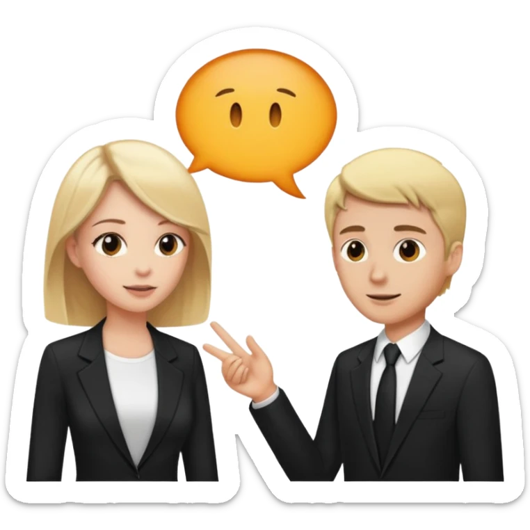 blonde woman in black suit talking to brown-haired man in white t-shirt sticker