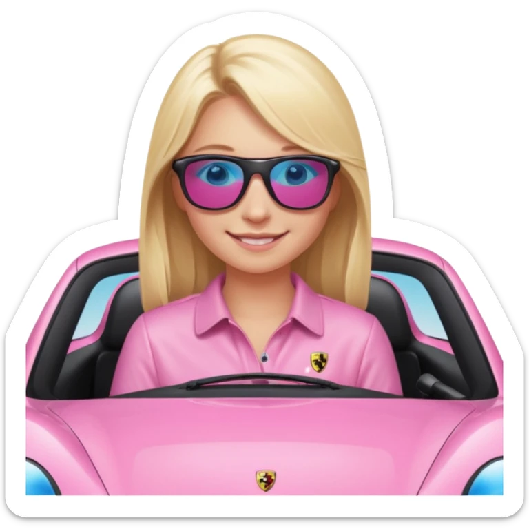 pink Porsche taycan with blonde girl, blue eyes, girl in front of the car sticker