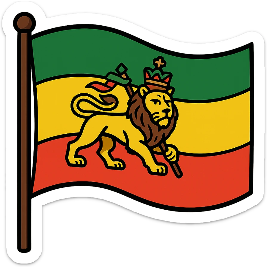 bold cartoon style Ethiopian flag with lion of Judah, vibrant colors, strong outlines sticker
