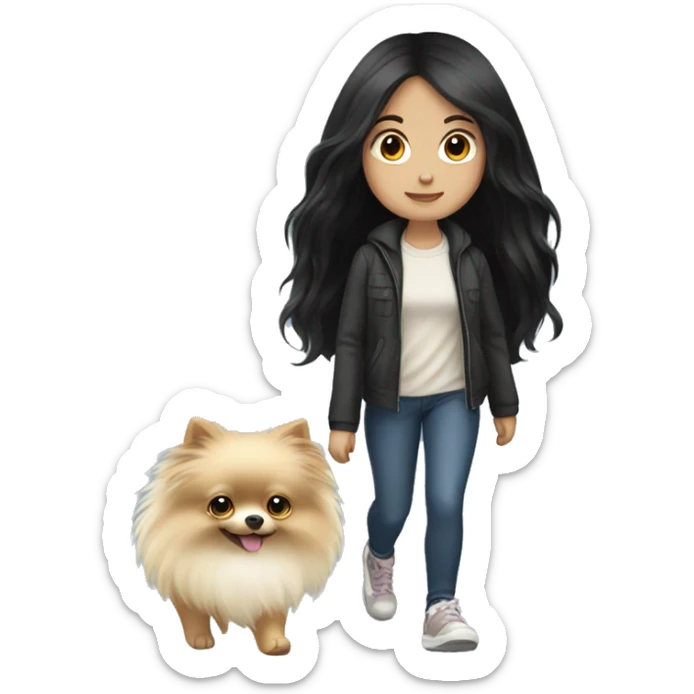 pale girl with long black hair walking with pomeranian sticker