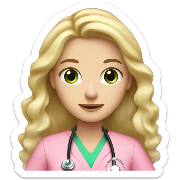 pale blonde girl with long wavy hair and green eyes wearing pink scrubs and stethoscope  sticker
