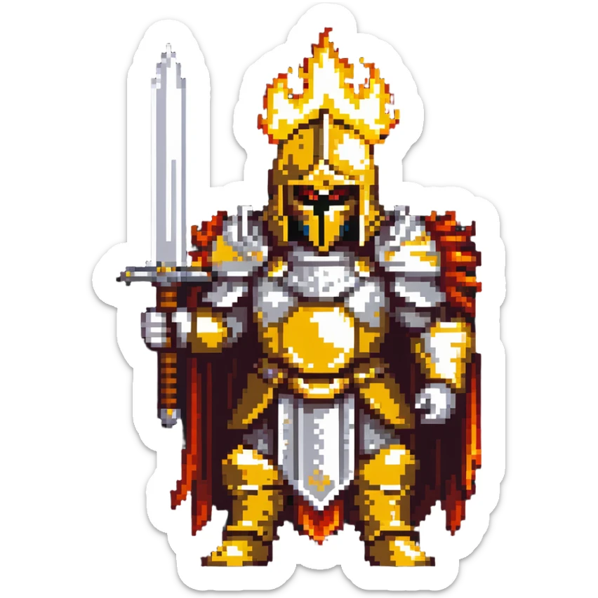 Emperor of Mankind from Warhammer 40K with golden armor and a large flaming sword sticker