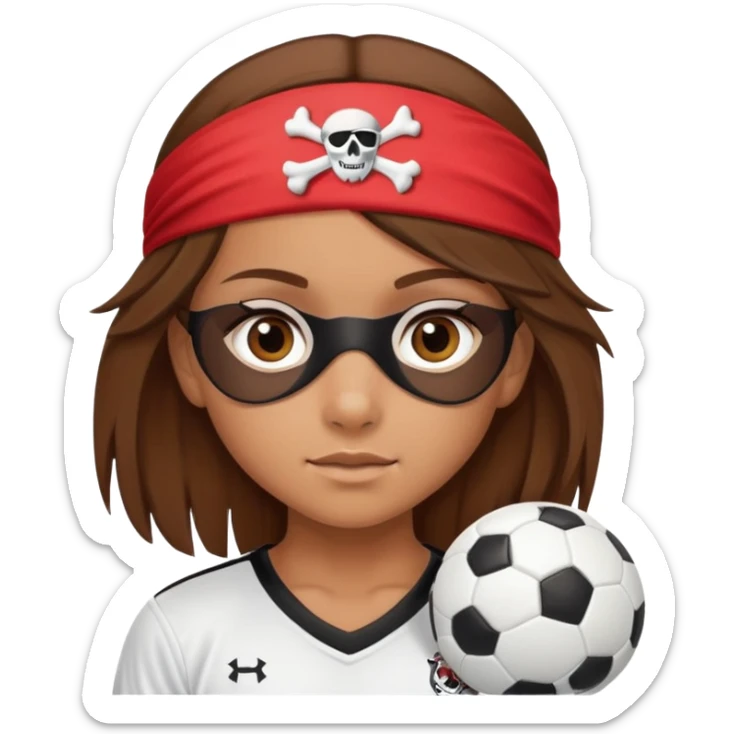Make a young girl with shoulder length brown hair, in soccer kit wearing a pirate eye patch sticker