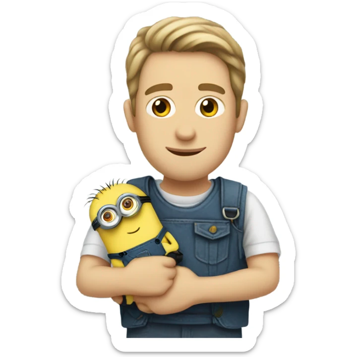 white male, brown eyes holding between his arms a minion with green eyes sticker