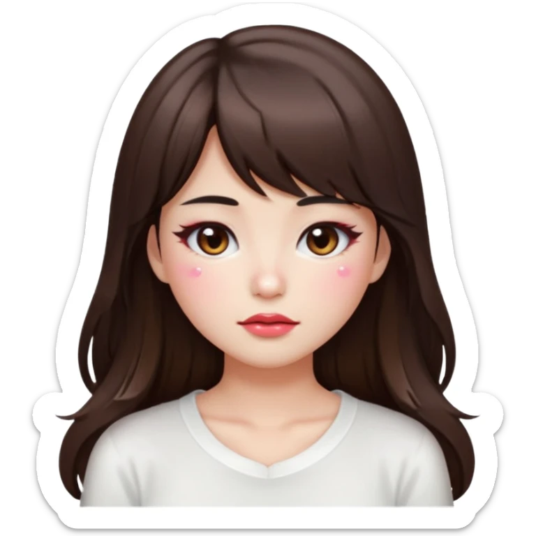 “japanese style Emoji brunette girl long hair with side bangs white top, dewy skin, heavy blush across cheeks and nose bridge, glossy cherry lips, soft eyeliner, teary sparkling eyes sticker