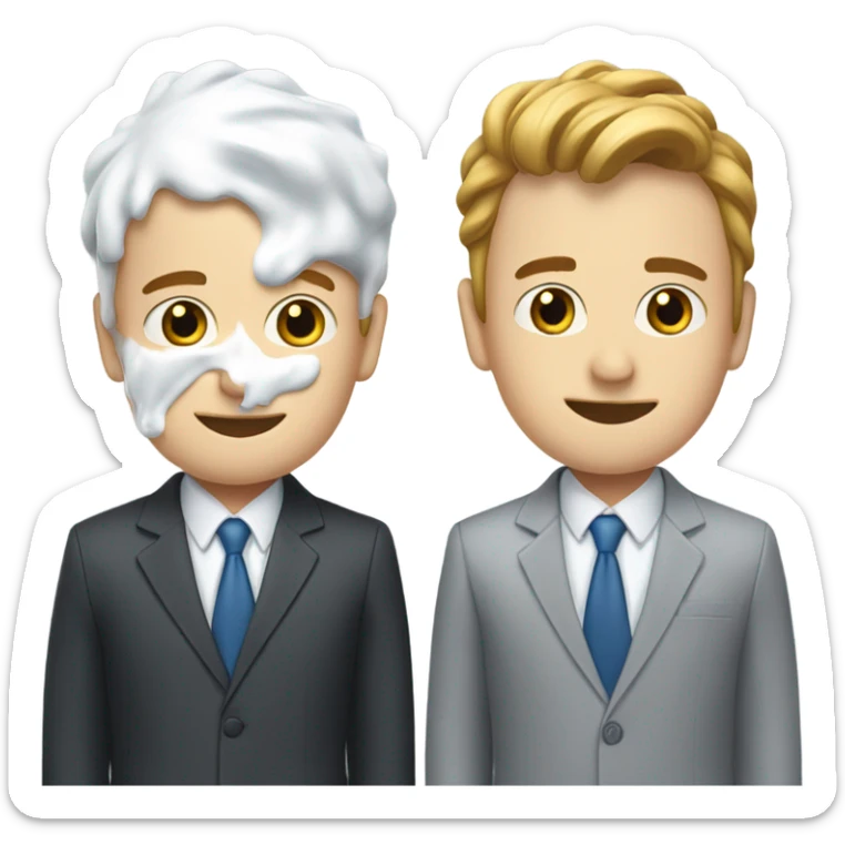 Two men covered in yogurt wearing suits with yogurt on their head, and more yogurt on their suits, but white skin sticker