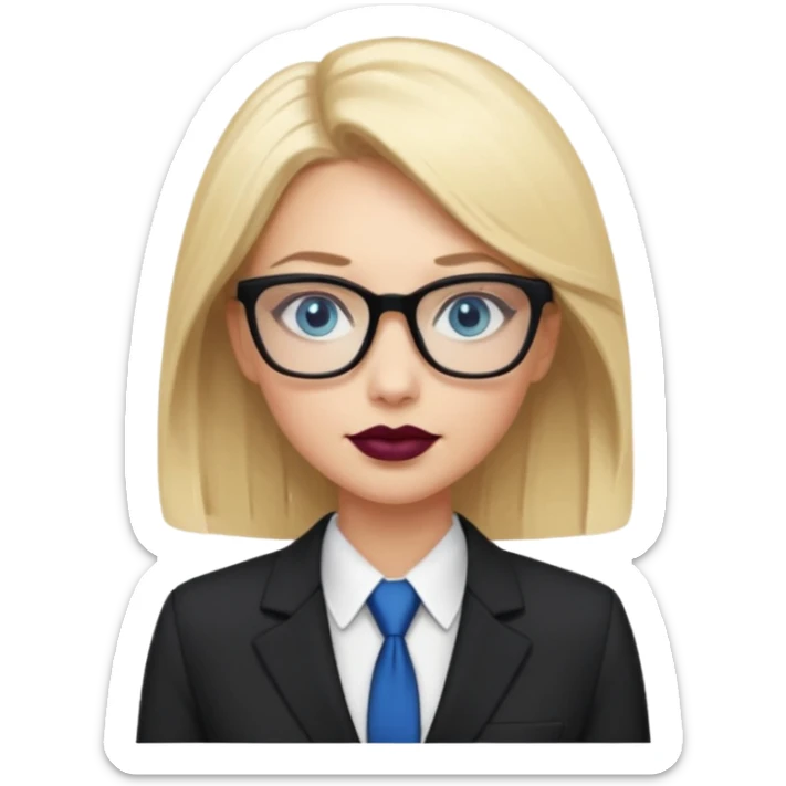 pretty caucasian woman with blonde hair and blue eyes with black glasses in a business suit sticker