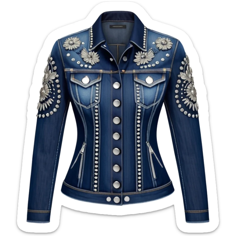 Alexander McQueen brand, fitted denim detailed jacket for women, luxury edgy style, detailed embellishments. 8k, 5000x5000px, 3D rendering, realistic, isolated still life, no emoji faces no emoji icons no human figures  sticker
