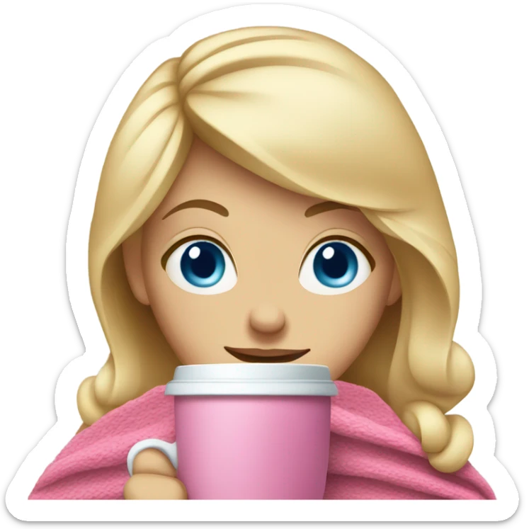 a blonde girl with blue eyes drinking coffee with a pink blanket around her shoulders sticker