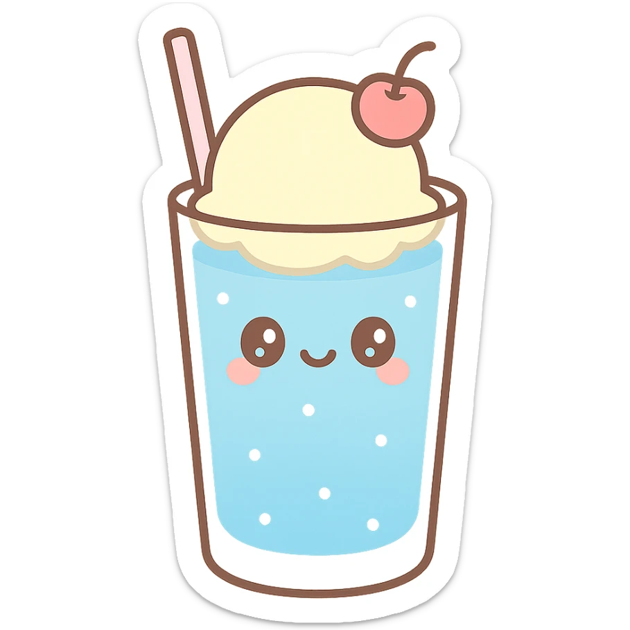 Japanese blue cream soda in a tall glass with blue soda, a scoop of vanilla ice cream on top, a cherry, and a straw, refreshing and cute, minimal background sticker
