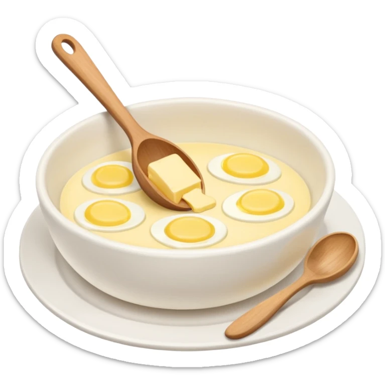 a dozen eggs, a ceramic mixing bowl with a wooden spoon and a plate of butter sticker