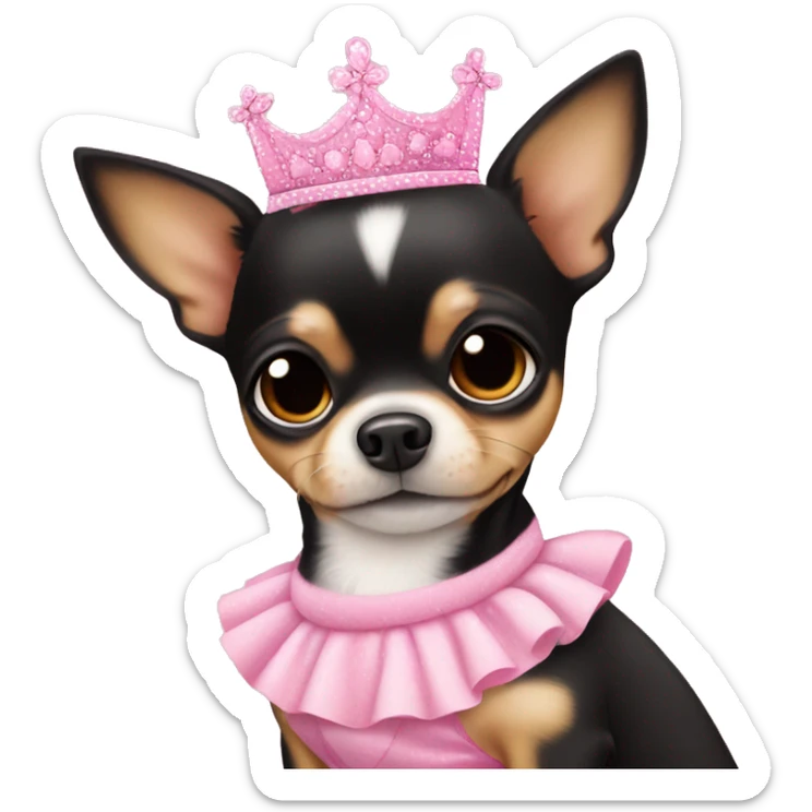 black & tan chihuahua puppy wearing a pink princess dress sticker