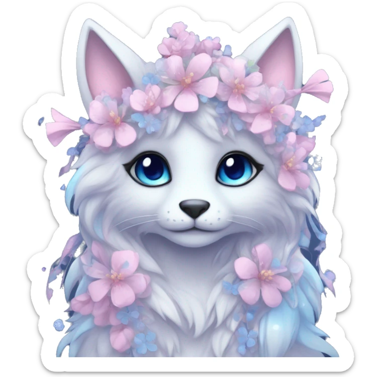 Anthro Cute Cool Pastel Kawaii gorgeous sparkly ethereal fantasy animal creature with blue eyes furry sona with flowers and ribbons beautiful aesthetic sticker
