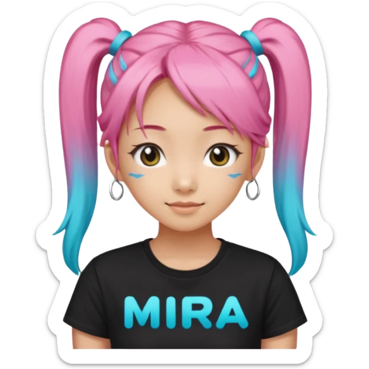 a girl wearing a black t shirt with cyan letters'mira', brave and smart face, narrow eyes, korean girl, small grin,half up half down look with two diagonal pigtails, long pink hair sticker
