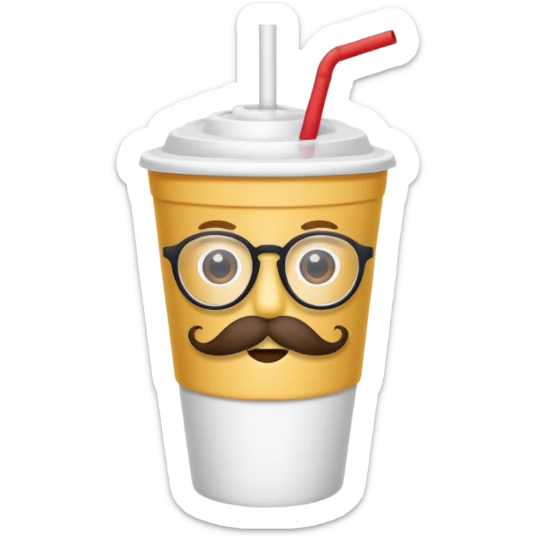 paper cup and white straw, the cup has eyes and mouth and glassess and mustache sticker