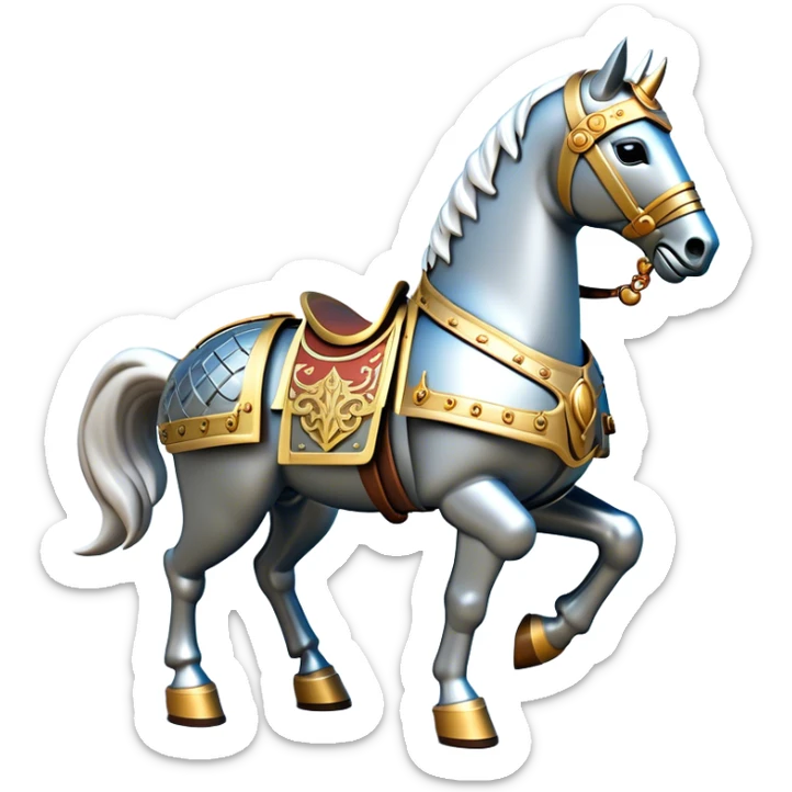 Clash of Clans aesthetic: Cinematic Playful Armored Horse Emoji, rendered in a 3D vector-style similar to standard emojis with minimal shading and bold, simplified shapes. A compact, isometric warhorse outfitted in intricately detailed armor with noble accents, softly glowing with a gallant medieval carriage charm. Simplified yet unmistakably iconic, highly detailed and consistent, glowing with a soft radiant shine and high polish. Stylized with a touch of heroic elegance and a soft glowing outline, capturing the essence of a noble steed ready for battle with a friendly, playful air! sticker