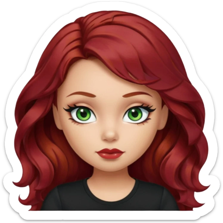 a pretty fair bratz girl with wavy dark red hair, wearing a black tee. eyeliner on, green eyes sticker