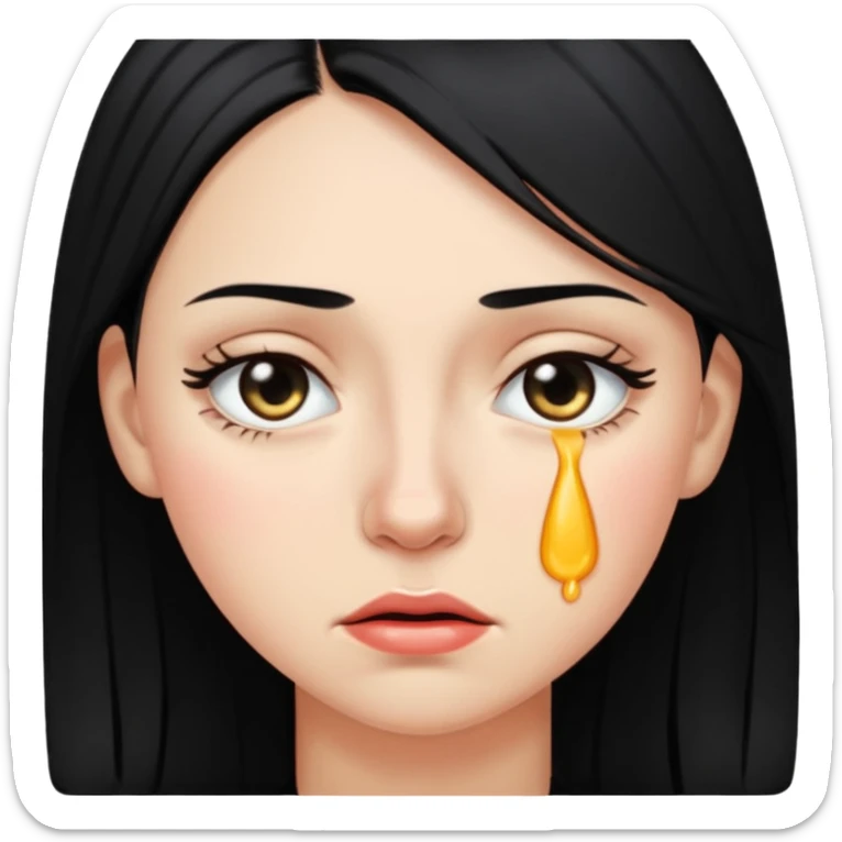 A woman in her late 20s with black hair with tears in her eyes and a look of hunger sticker