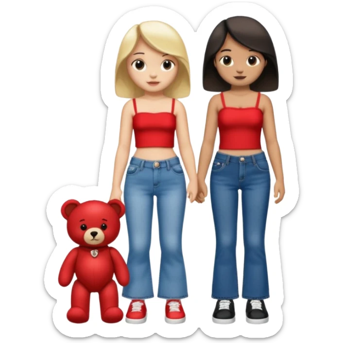 A boy and a girl teddy bear for the boy bear put on true religion shirt and jeans with black shoes and for the girl put flare jeans and a red tube top and white shoes just bears not the humans  sticker