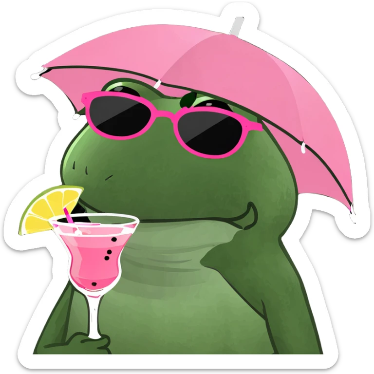 bufo frog with an umbrella hat, wearing sunglasses, holding a pink cocktail sticker