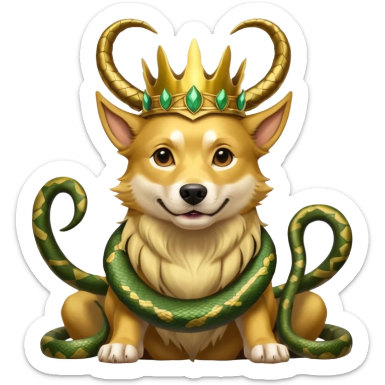 loki god of mischief as a dog. he as snakes. he wears a horned crown as the god himself.  dynamic pose sticker