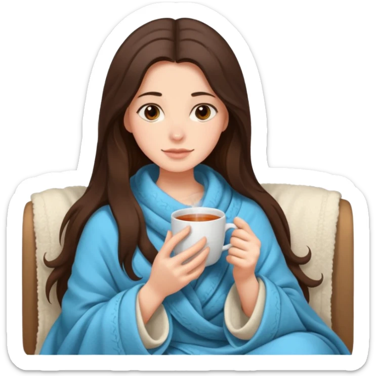 brunnette girl with long hair snuggled up in a blanket and holding a hot tea in her hands sticker
