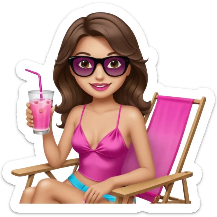 girl with long wavy brown hair, brown eyes, long lashes makeup, sexy pink lips, smiling, light to medium complexion, wearing a pink sexy silk top, relaxing in a beach chair, wearing black sunglasses, holding a drink, palm trees beach background  sticker