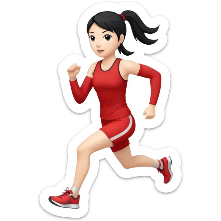 Full body showing White woman running forward to the camera black hair on a ponytail sticker