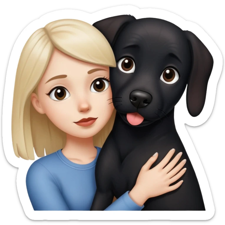 A white girl hugs a black dog with a little white on the corner of its mouth sticker