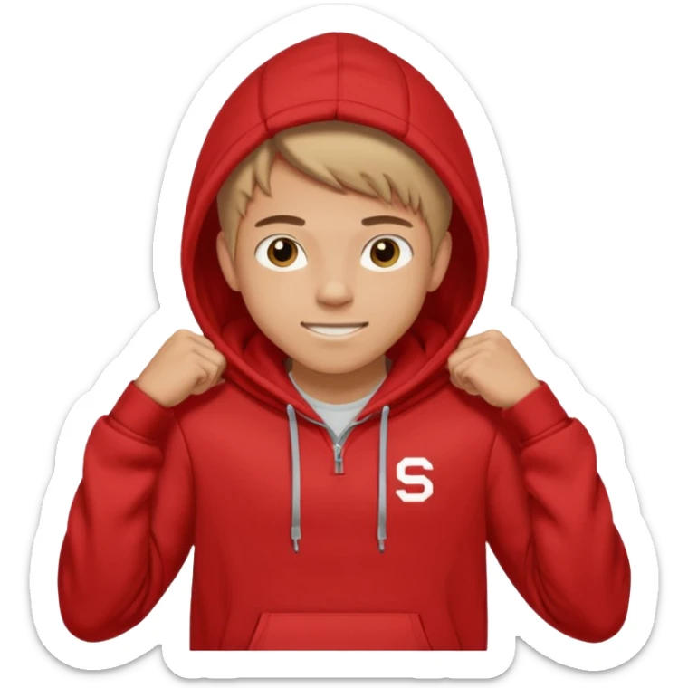 make me an emoji of an americain 19 yearold boy in a red hoodie that says "south" on it and give him with tan skin with his hands in his hands in his pocket wth a small smile flexing his muscles with his hood on sticker