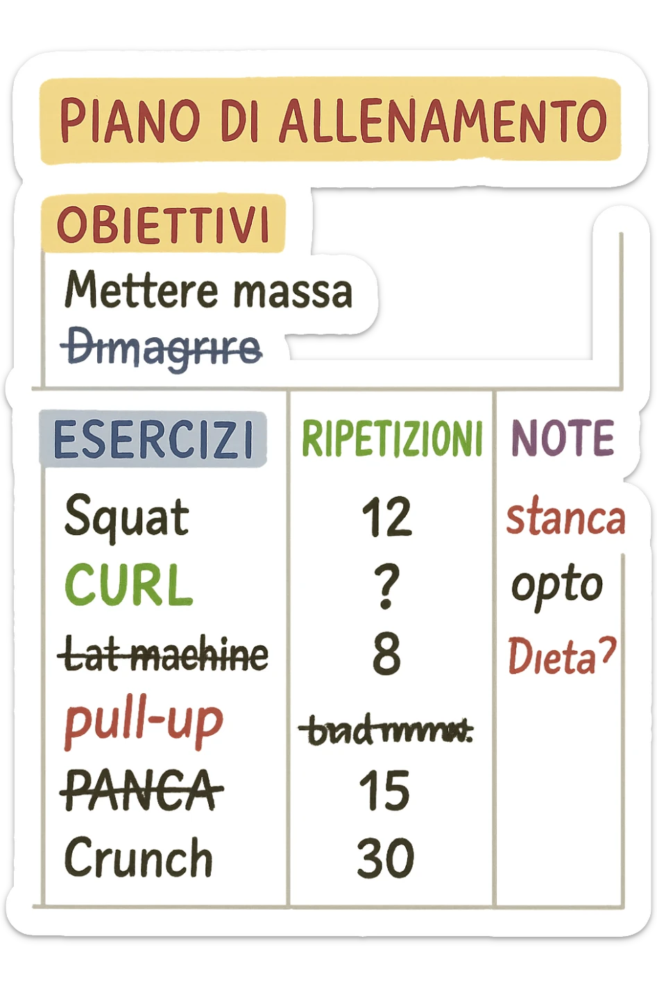 Scheda online palestra fallimentare che non va bene foglio in italiano fai un esempio delle scheda sticker