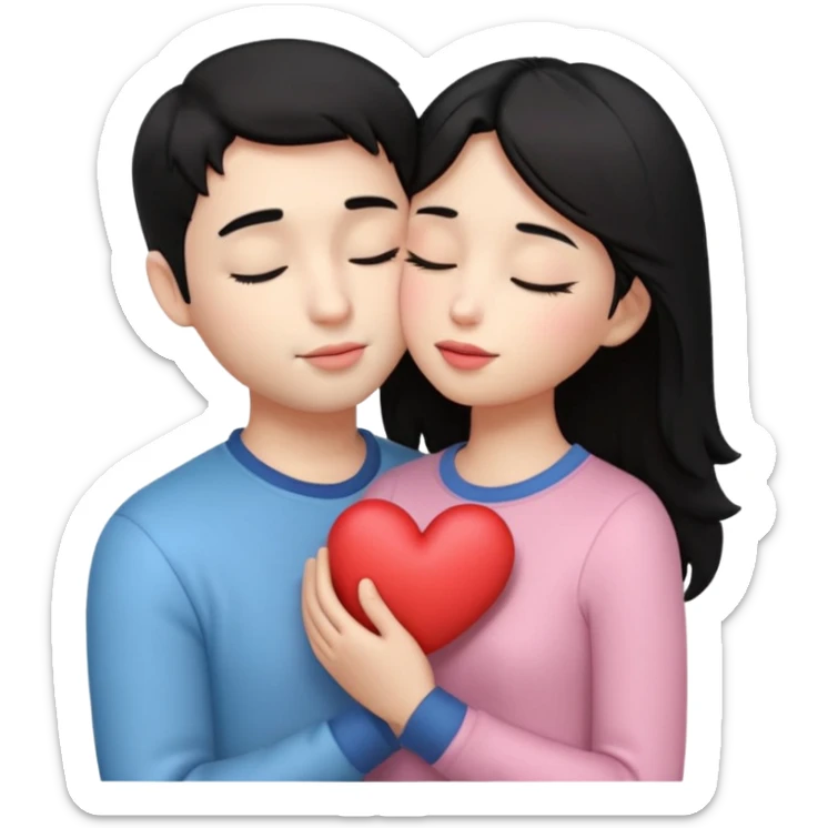 “Cute 3D emoji of a romantic couple with black hair, the boy slightly taller, gently holding the girl in his arms and kissing her lips, soft blush, eyes closed, small glowing heart above them, warm romantic vibe, pastel tones, smooth lighting, sticker style, transparent background.” sticker