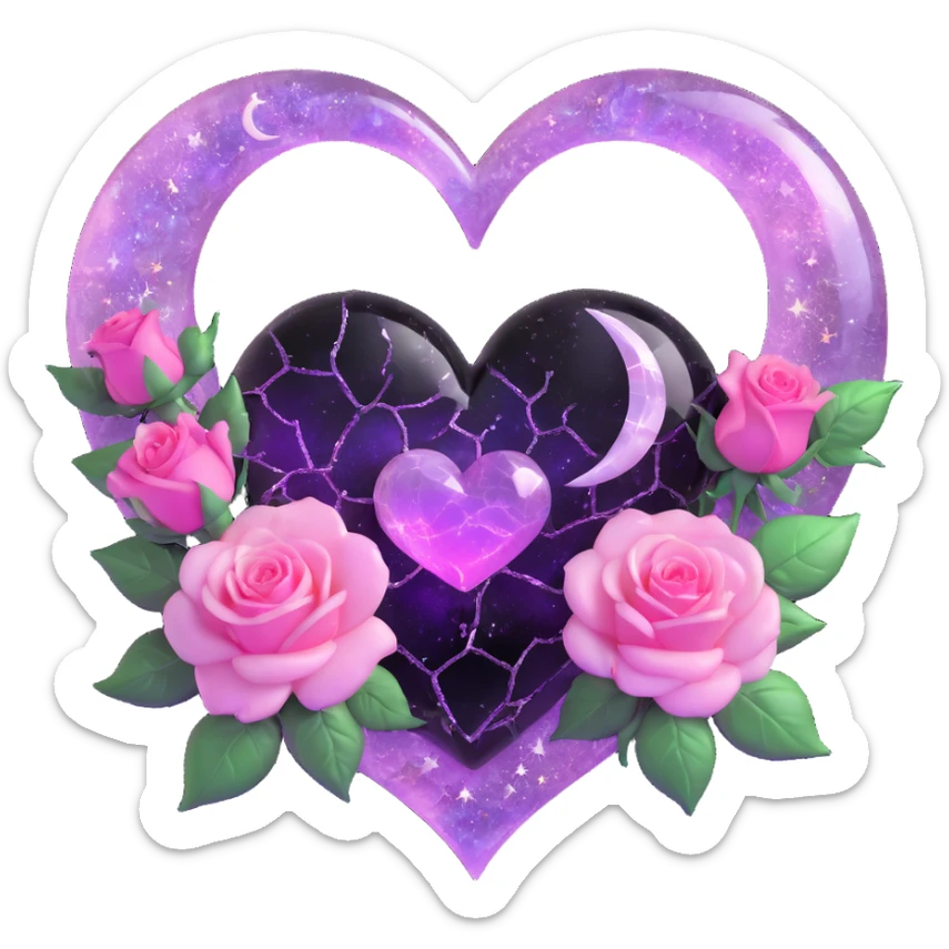 gothic heart made of rose quartz glass, silver crescent moon, pink roses, holographic stardust, neon purple lightning, wet and cracked glass sticker