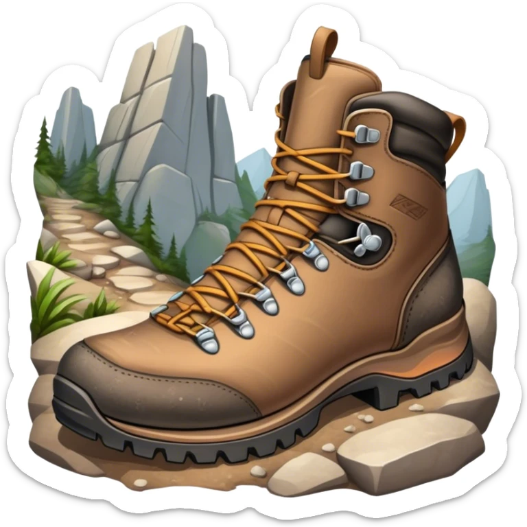Cinematic Realistic Hiking Boots, well-worn leather boots resting on a rocky trail, scuffed edges and dirt-speckled laces adding character, glowing softly under the dappled sunlight filtering through the trees. sticker