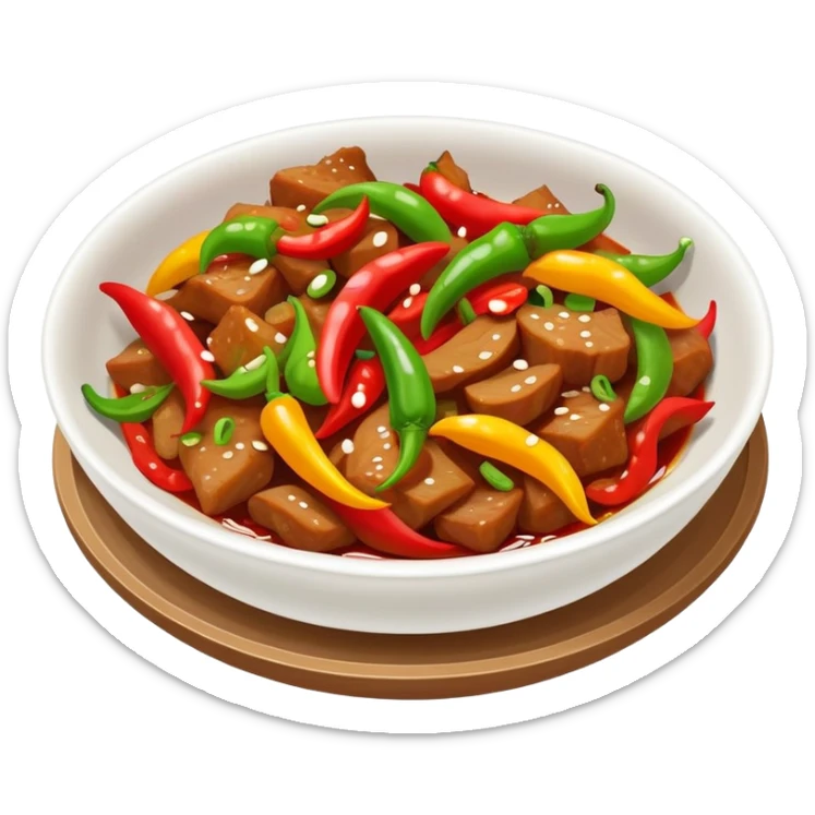 Hunan spicy stir-fried pork with colorful peppers, simplified emoji style with bold outlines and bright colors, cartoon style Chinese spicy dish sticker