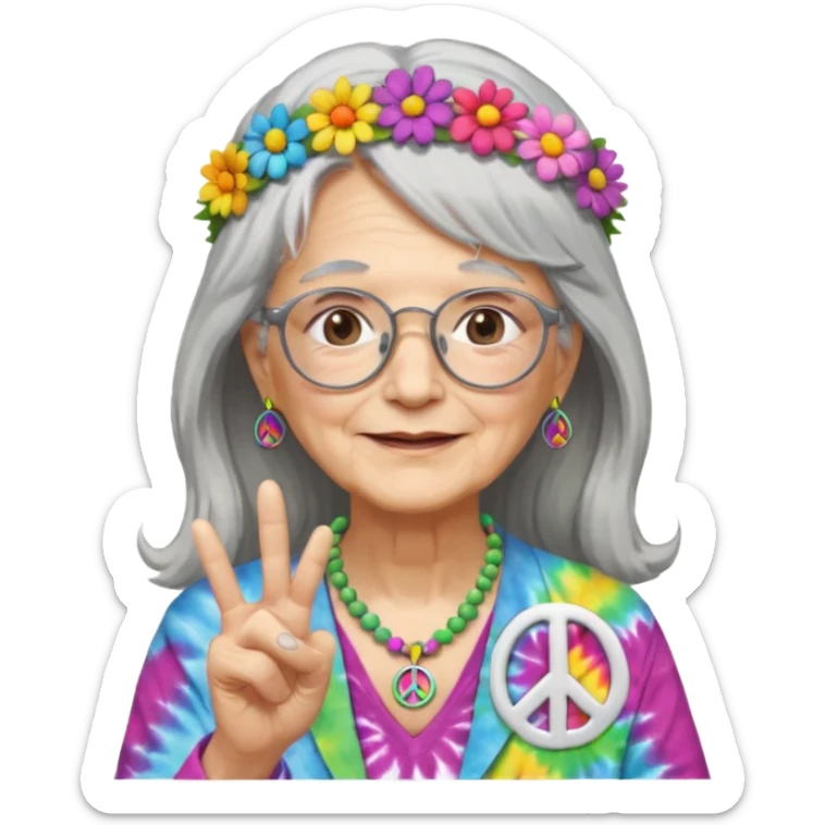 elderly woman with long grey hair, glasses, peace sign necklace, tie-dye clothing, flower crown sticker