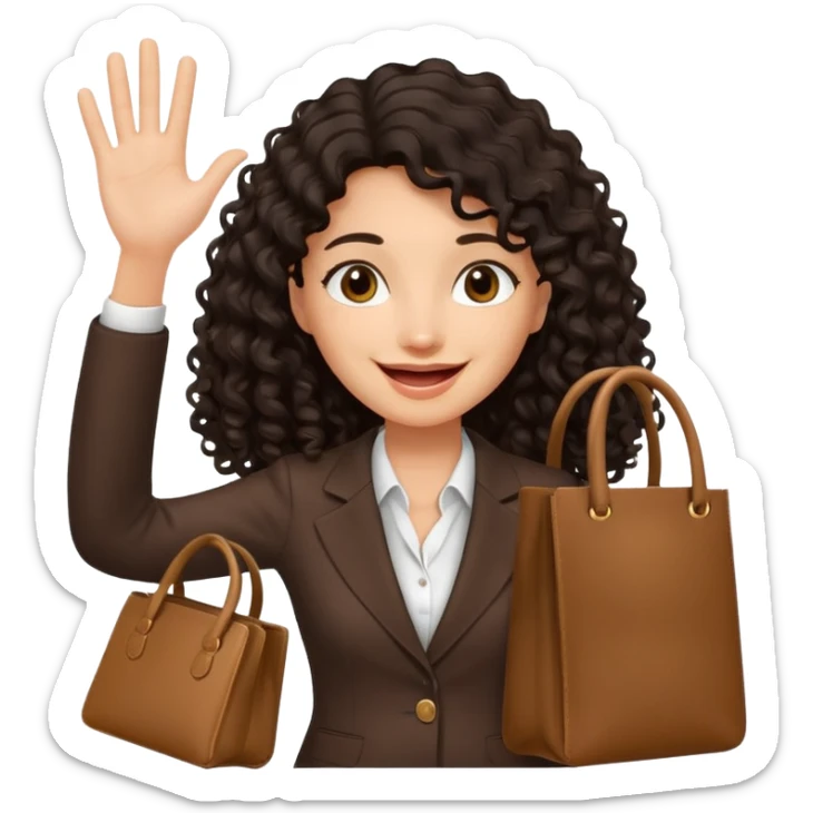 medium deep tan brown business woman with long black curly hair, waving hand with happy face with smile mouth and carrying bag on her shoulder sticker