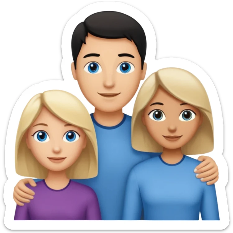 Blond woman blue eyes on left. Man with black hair and greye eye in the middle. Brown hair woman with greye eyes on the right. Happy together sticker