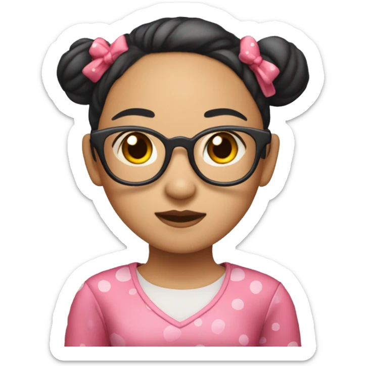 "An Asian girl with her hair styled in two side buns, wearing glasses, dressed in a pink dress, and with red spots on her face." sticker