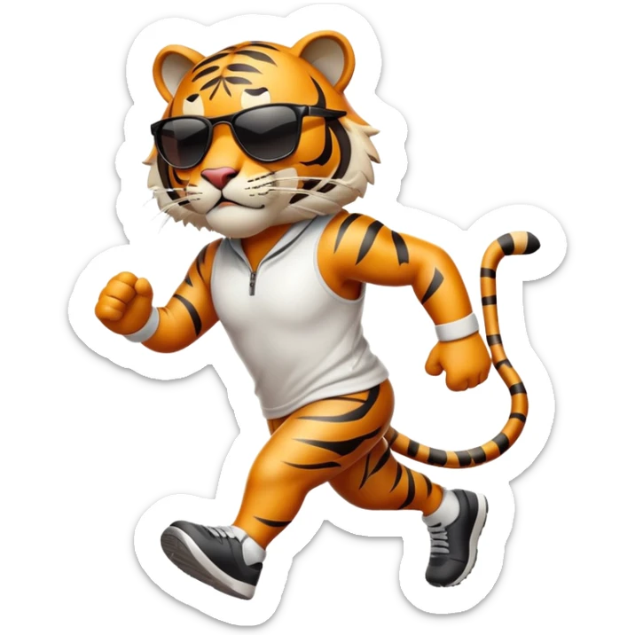 energetic anthropomorphised tiger in sports clothes, wearing dark sunglasses, walking upright, dynamic pose sticker