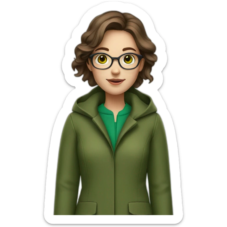 brown haired girl in green coat with green eyes and glasses sticker