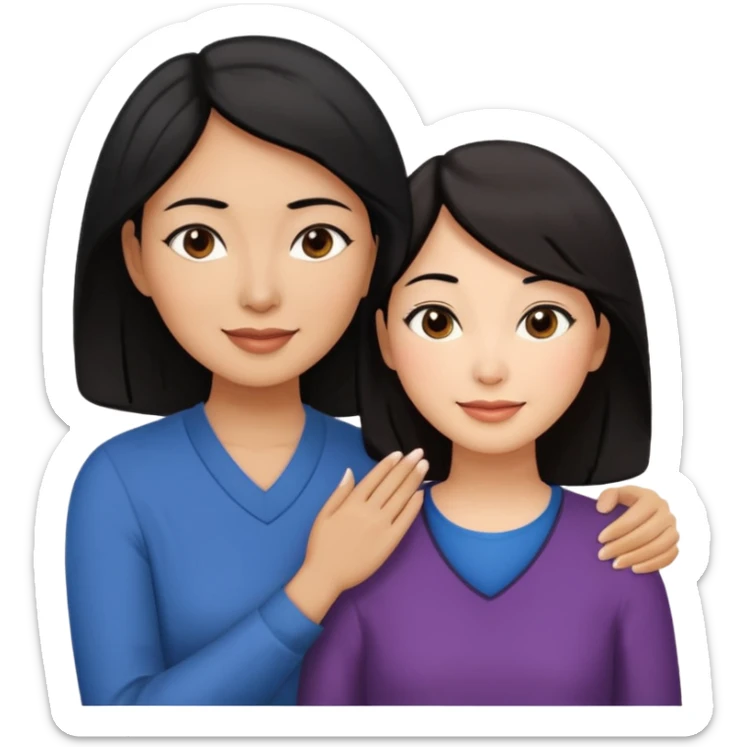 Middle aged brown woman with black hair, beside a middle aged asian woman with dark brown hair touching their cheek sticker