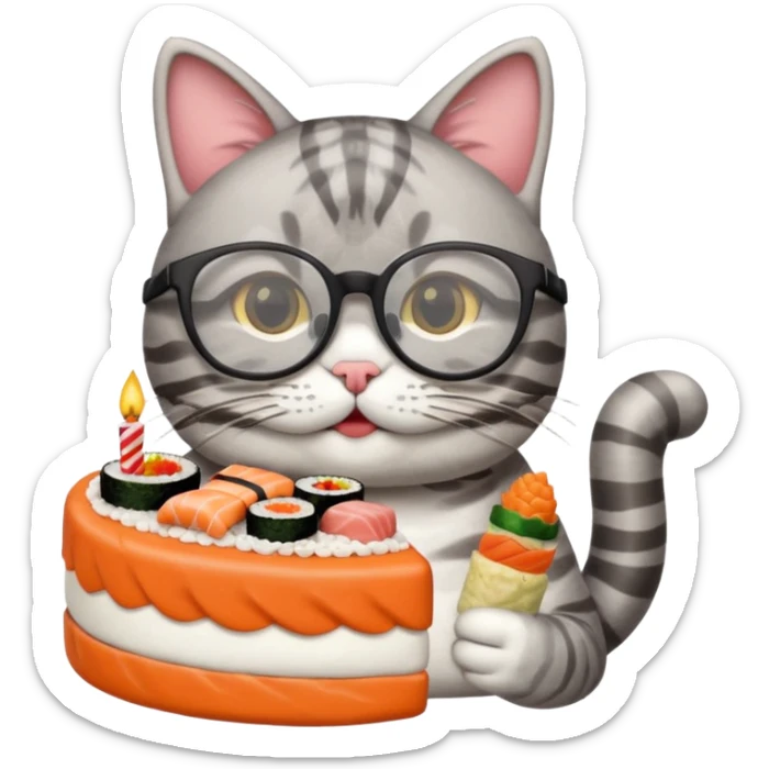 cat with cool glasses eating a birthday cake made out of sushi sticker