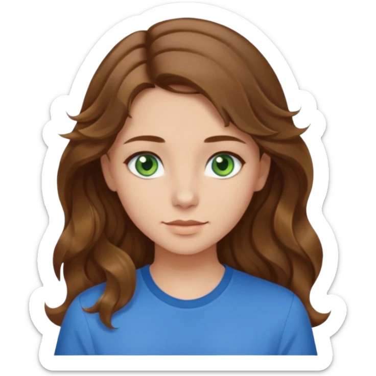 girl with brown hair, green eyes with a blue shirt no background ,young with wavy hair long brown hair with tiny blonde highlights sticker