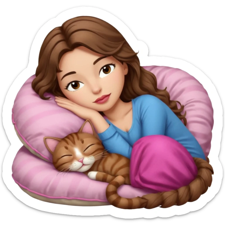 girl with long wavy brown hair, brown eyes, long lashes makeup, sexy pink lips, light to medium complexion,  sleeping on a cozy pillow, with brown tabby cat, sleeping sticker
