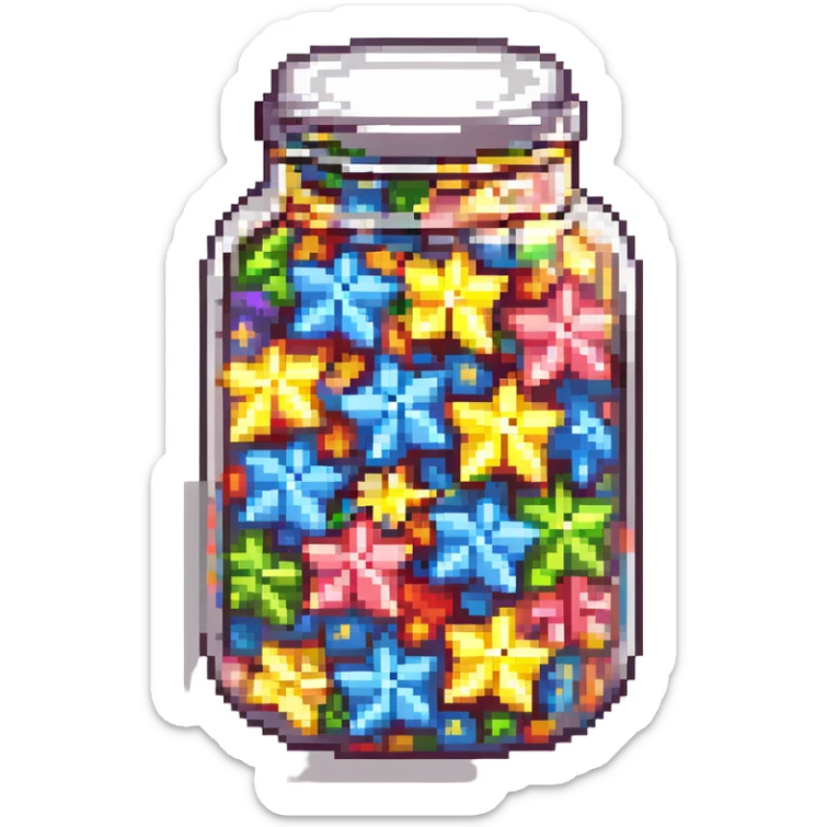 a glass jar filled with colorful origami lucky stars sticker