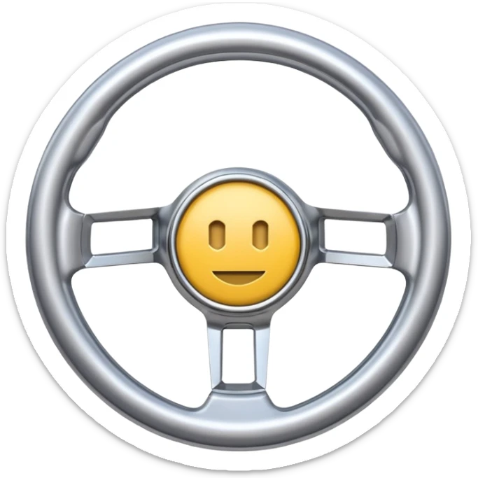A futuristic steering wheel emoji made of silver chrome, minimal geometric design, smooth metallic surface, soft reflections, iOS emoji style, centered, clean white background sticker