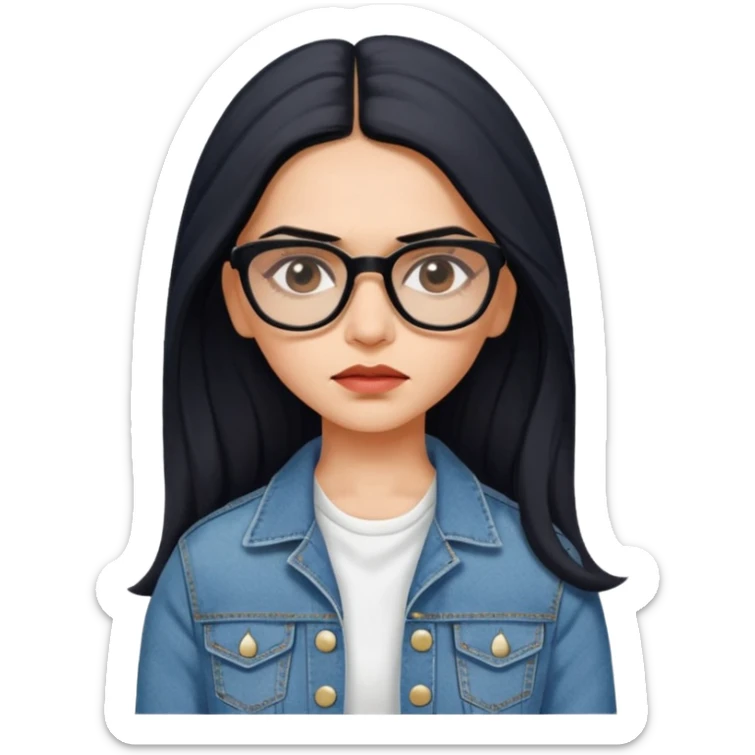 generate a pretty bratz emoji 
Make her wear a white dress with a denim jacket over it.long  black hair in a side part 

She should look exactly  like Deepika padukone! wearing tiny rectangular spectacle, looking sad sticker