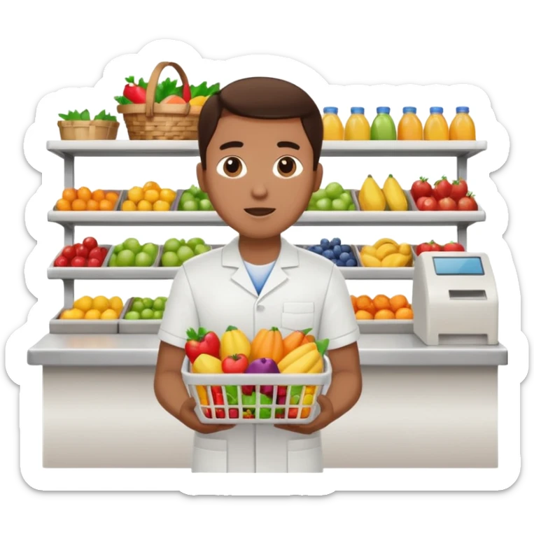Supermarket employee at a cash register, full body, serving a man surprised sticker