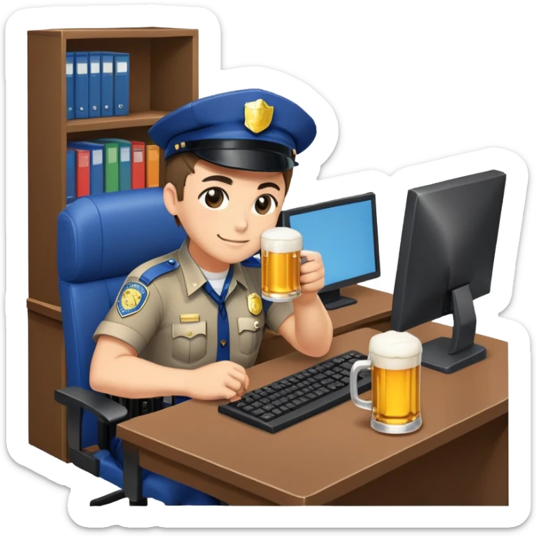 Pixel art emoji style, a cute anime-style police officer (koban) sitting at a computer desk, drinking beer from a mug, cheerful and relaxed. Cartoonish exaggerated expression, vibrant colors, isometric perspective, clean lines, 32-bit video game style, dynamic pose, transparent background. Playful and humorous vibe. sticker